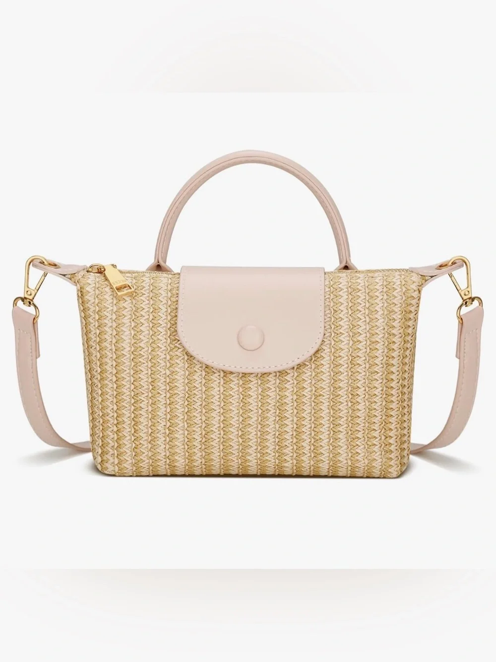Straw Weave Top-Handle Bag in Blush Cream